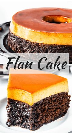 there is a chocolate cake with orange icing on the top and below it that says flan cake