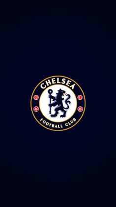 the chelsea logo is shown on a dark blue background with red and yellow trims