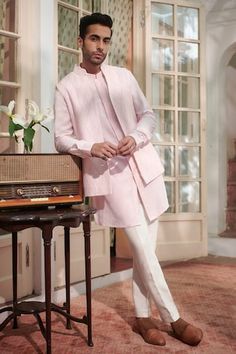 Pink cotton silk blend bundi with front buttoned placket. Comes with off-white trouser and a kurta. - Aza Fashions Kurta Set Men, Nehru Jacket, Nehru Jackets, Pink Cotton, Mandarin Collar, Cotton Silk, Aza Fashion, Trousers, Silk