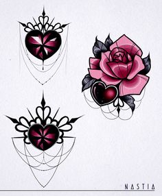 three heart shaped tattoos with roses and hearts on them, one in the shape of a rose