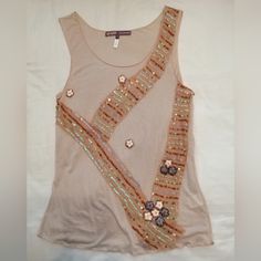 Halebol Sequin Embroidery Tank Top Size S Very Rare, Beautiful And Unique Top New Without Tags Sleeveless Embellished Beige Top, Beige Embellished Sleeveless Top, Fitted Embellished Embroidered Top For Summer, Fitted Embellished Beige Tops, Summer Embellished Multicolor Embroidered Top, Beaded Beige Tops For Summer, Spring Embellished Multicolor Embroidery Tops, Summer Beaded Beige Tops, Summer Beige Beaded Tops