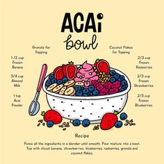 a bowl filled with lots of different types of food and labeled in the words acai bowl