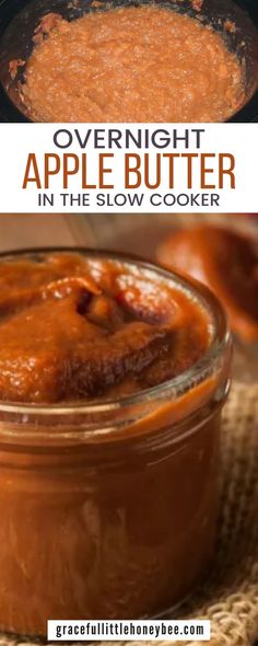 an image of homemade overnight apple butter in the slow cooker with text overlay