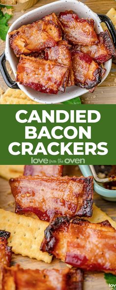 candied bacon crackers in a white bowl on a wooden table