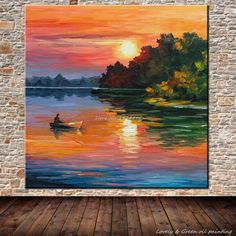 a painting of a man in a boat at sunset