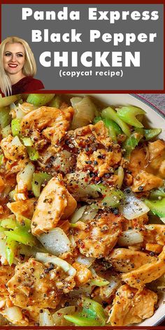 a white plate topped with chicken and vegetables next to a woman's face in the background