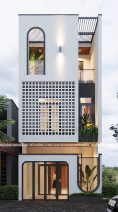 an architectural rendering of a modern house in the evening with palm trees and cars parked on the driveway