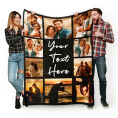 a man and woman holding up a blanket with photos on it that says your text here