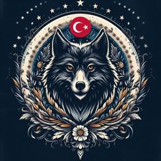 a wolf with the turkish flag on it's head, surrounded by stars and crescents