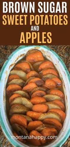 brown sugar sweet potatoes and apples in a casserole dish with text overlay