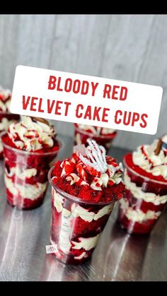 red velvet cake cups with whipped cream and toppings