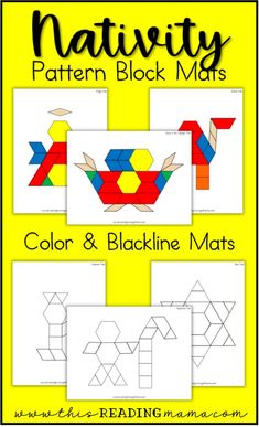 the printable pattern block mats for color and blackline maths is shown in three different colors