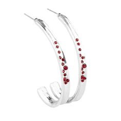 Featuring a concaved surface, a glistening silver ribbon is encrusted in a section of glassy red rhinestones as it curves into a half-hoop. Earring attaches to a standard post fitting. Hoop measures approximately 1 1/4" in diameter.

Sold as one pair of hoop earrings. Red Hoop Earrings, Silver Ribbon, Paparazzi Accessories, Red Earrings, Red Rhinestone, Paparazzi Jewelry, Silver Hoop Earrings, Jewelry Party, Bling Bling