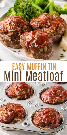 mini meatloaf muffins with sauce and broccoli in the background