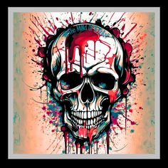 a skull with headphones and paint splattered on it's face is shown