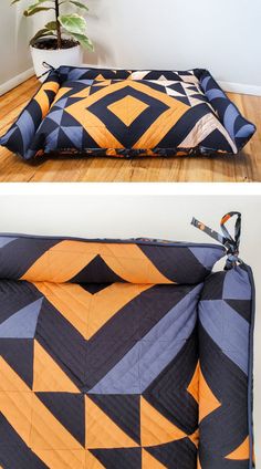 two pictures of a bed with an orange and blue quilt on it, one has a plant in the corner