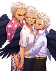 three anime characters hugging each other with black wings on their shoulders and one holding an angel's head