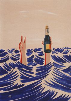 two hands holding up a bottle in the ocean