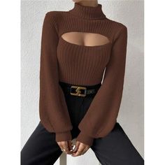 -Color: Mocha Brown -Style: Casual -Pattern Type: Plain -Details: Cut Out, Rib-Knit -Length: Regular -Type: Pullovers -Neckline: High Neck -Sleeve Length: Long Sleeve -Sleeve Type: Bishop Sleeve -Fit Type: Slim Fit -Fabric: Medium Stretch -Material: Fabric -Composition: 100% Polyester -Care Instructions: Hand Wash Or Professional Dry Clean -Sheer: No Ships In 7-10 Days S = 2/4, M = 6/8 L=10/12 0x=12 1x=14 2x=16 3x=18 4x=20 Boho - Wedding - Chic - Glam - Modern - Vintage - Streetwear - Casual - E Winter Turtleneck, Sweater Season, High Neck Sweater, Funny Text, Burgundy Sweater, Women Sleeve, Knit Fashion, Winter Sweaters, Sleeves Pattern