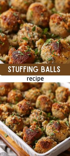 stuffing balls in a casserole dish with herbs