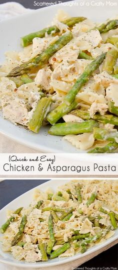 chicken and asparagus pasta on a white plate with the title in the middle