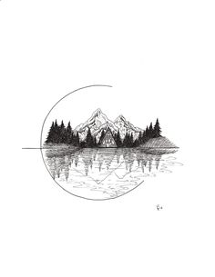 a black and white drawing of mountains with trees in the foreground on a lake