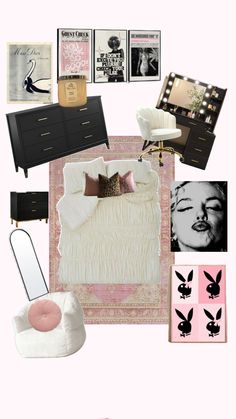 a collage of black and white furniture, pink accents, and pictures on the wall