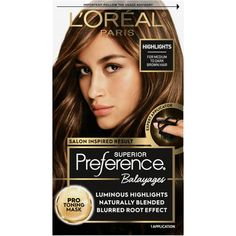 L'Oreal Paris Superior Preference Balayage At-Home Highlighting, Light Brown to Brown, Create beautiful, luminous, naturally blended highlights, inspired by the salon with new Preference Balayage from L'Oreal Paris. The new Expert Touch Applicator with advanced comfort grip allows for precise application to paint customized, naturally blended balayage highlights for blondes or brunettes. Inspired by hair salon techniques, the new Pro Toning Mask is enriched with direct dyes to help you blend you Highlights For Blondes, Blended Highlights, Blended Balayage, Garnier Olia, Root Smudge, Color Castaño, Best Hair Dye, Covering Gray Hair, At Home Hair Color