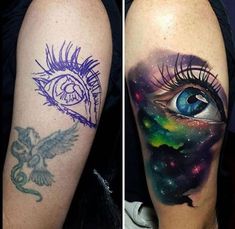 two different tattoos on the arms of people, one with an eye and another with a bird