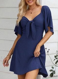 Lasaky - Bow-Tied Short Sleeve Lace-Up Mini Dress Navy Blue Midi Dress, Bow Tie Dress, Surplice Dress, Midi Short Sleeve Dress, Flattering Dresses, Short Sleeve Mini Dress, Navy Blue Dresses, Evening Attire, Mini Dress With Sleeves