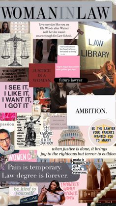 a collage of women's rights, law and justice related images with the words woman in law on them