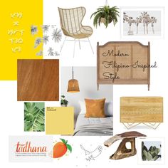 a collage of different types of furniture and decor in shades of yellow, brown, green, and white