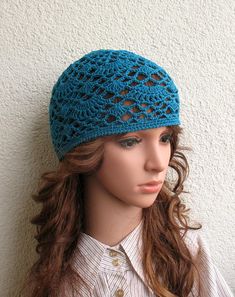 Women's Crochet Summer boho Girls summer hat Petrol blue summer skull hat 100% soft cotton tams hat tight Women's Summer Cotton Hat Beige Hat, Cotton Beanie, Winter Hats For Men, Warm Winter Hats