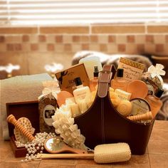 a brown basket filled with lots of different items