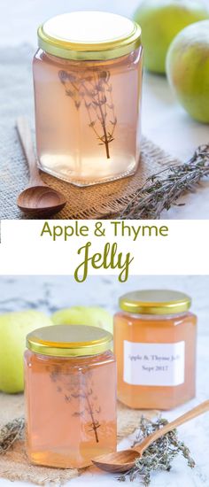 an apple and thye jelly is shown in two different jars with spoons next to it