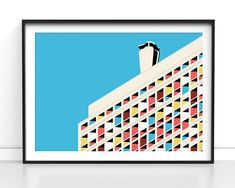 an art print of the top of a building with geometric shapes and a blue sky in the background