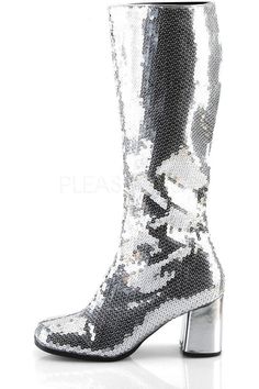 3" (7.6cm) Block Heel, Sequin Knee Boot full inner side Zipperper - Fit Guide: True to Size - Heel Specifications: 3" Heel - Country of Origin: Imported Boot Spats, Gogo Costume, 1920s Shoes, Alternative Shoes, Single Sole Heels, Sequin Boots, Festival Shoes, Punk Boots, Pleaser Shoes