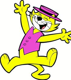 a cartoon cat wearing a pink shirt and hat with his arms out in the air