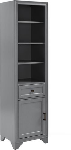 a tall bookcase with two drawers and one door on the bottom, is shown