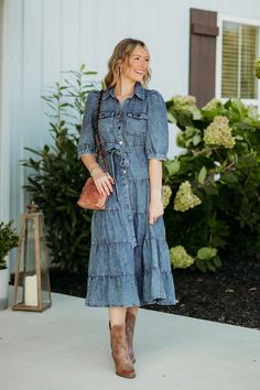 Denim button down collared ruffle sleeve mini dress featuring smocking detail. Pocket at sides. -unlined -non-sheer -lightweight -Fabric Contents - 100% cotton Indigo Dress, Heeled Mules Sandals, Vintage Indigo, Plus Size Activewear, Denim Button Down, Team Apparel, Tee Dress, Mini Dress With Sleeves, Lightweight Fabric