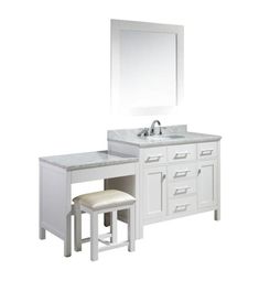 a bathroom vanity with two stools and a large mirror above it, on a white background