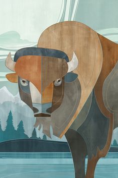 a painting of a bull standing in front of a body of water with trees and mountains behind it