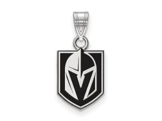 the vegas knights pendant is shown in black and white with a silver plated logo