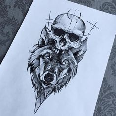 a drawing of a wolf with a skull on it's head