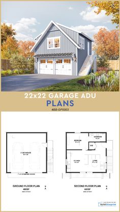 22x22 ADU garage architectural plans Adu Garage, Garage Adu, Loft House Plans, Functional Garage, Garage Apartment Floor Plans, Garage Plans With Loft