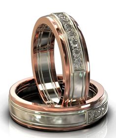 two wedding bands with diamonds on them are shown in rose gold and white gold plated