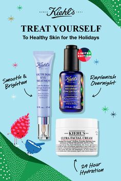 Tis the season to treat yourself! As holiday festivities get underway, we have a few skincare favorites to help you stay on top of your flawless face game: Add Youth Dose Eye Treatment to your skincare routine to help brighten & smooth puffy eyes. Replenish skin with our overnight serum Midnight Recovery Concentrate, available for a limited time in a special design. Fight dry winter skin by applying Ultra Facial Cream with 24 hour hydration. | Kiehl’s Finest Apothecary Skincare Midnight Recovery Concentrate, Haut Routine, Natural Hair Mask, Dry Winter Skin, Anti Aging Oils, Boost Hair Growth, Baking Soda Uses, Baking Soda Shampoo, Winter Skin