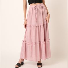 Introducing Our Stunning Drawstring High Waist Frill Skirt. This Stylish Skirt Features A Flattering High Waist And Beautiful Frill Detailing, Adding A Touch Of Elegance And Femininity To Any Outfit. The Drawstring Allows For Adjustable Comfort And Fit, Making It Perfect For All-Day Wear. Whether You're Headed To A Brunch Date Or A Night Out, This Versatile Skirt Is Sure To Make A Chic Statement. - Size: Multiple Available - Color: Dusty Pink - Material: 100% Polyester - Care: Machine Washable - Non-stretch Tiered Maxi Skirt For Day Out, Bohemian Ruffled Maxi Skirt For Day Out, Pink Tiered Bohemian Bottoms, Non-stretch Tiered Maxi Skirt For Spring, Bohemian Non-stretch Maxi Skirt For Day Out, Bohemian Ruffled Skirt For Spring, Casual Pink Ruffled Maxi Skirt, Bohemian Tiered Bottoms For Day Out, Bohemian Ruffled Skirt For Day Out