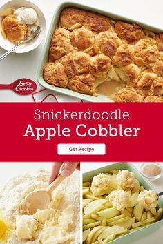 an apple cobbler recipe is shown in this collage with the words,'snickkerdoodlele appel cobbler get recipe