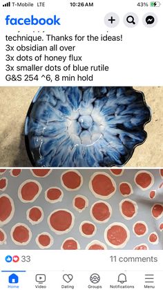 an image of a blue and red bowl with dots on it, next to a facebook post